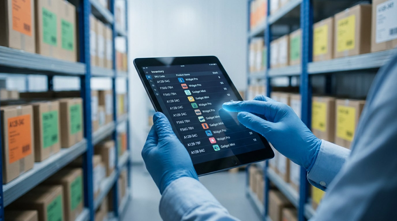 Une personne portant des gants bleus utilise une tablette pour vérifier une liste de références SKU dans un entrepôt.