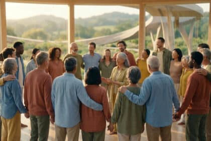 Un groupe diversifié de personnes debout en cercle dans une pièce lumineuse avec vue sur la nature, se tenant par l'épaule.