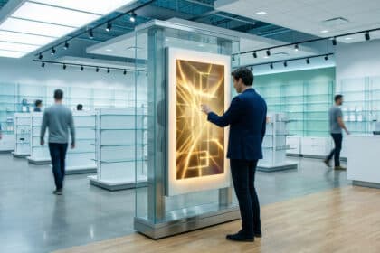 Un homme utilise une borne tactile interactive au centre d'un magasin moderne et lumineux.