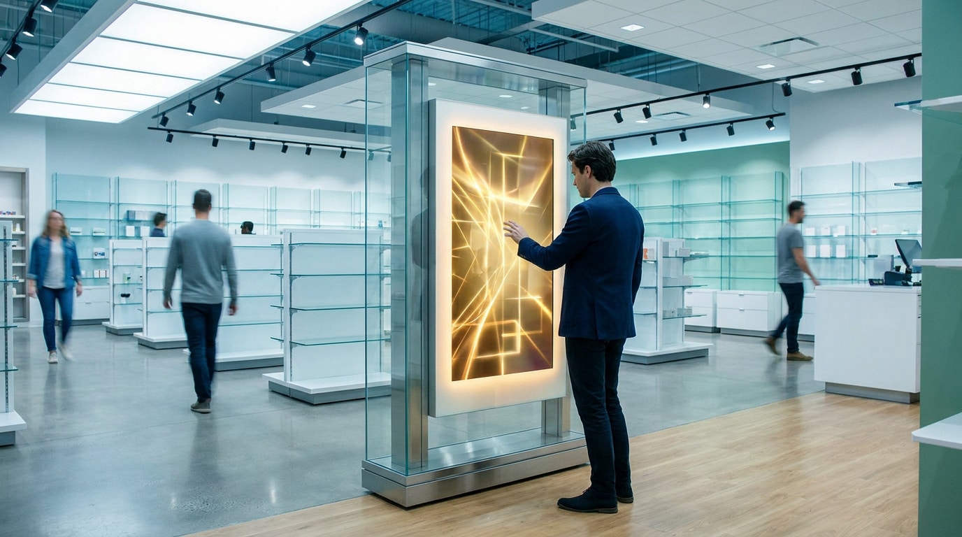 Un homme utilise une borne tactile interactive au centre d'un magasin moderne et lumineux.