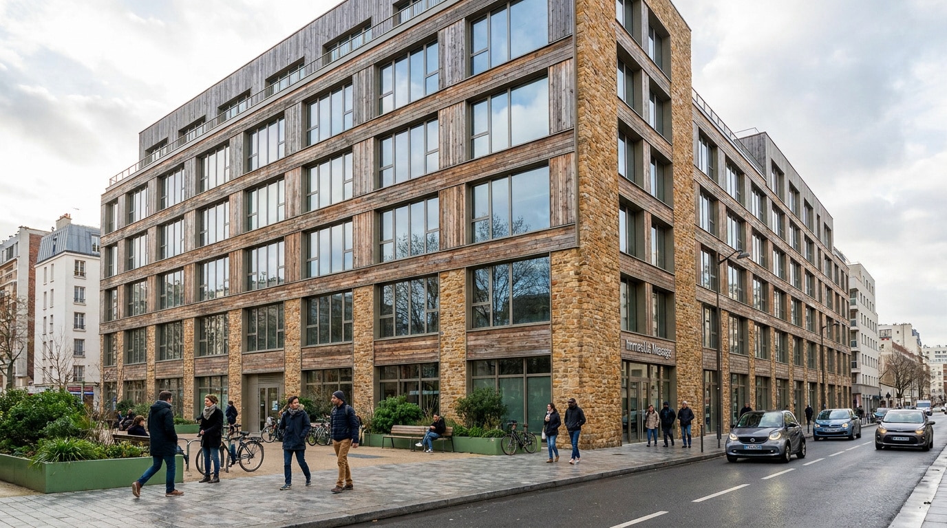 Façade en bois et pierre de l'immeuble Messager à Paris avec des passants sur le trottoir et des voitures.