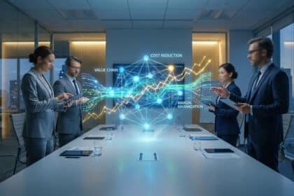 Une équipe de cadres analysant un hologramme interactif de chaîne de valeur dans une salle de conférence moderne.