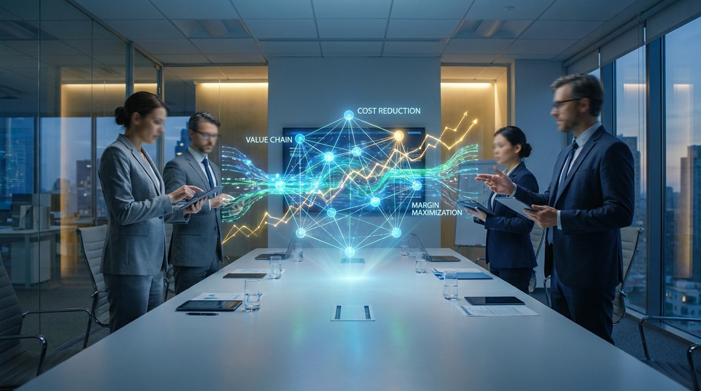 Une équipe de cadres analysant un hologramme interactif de chaîne de valeur dans une salle de conférence moderne.