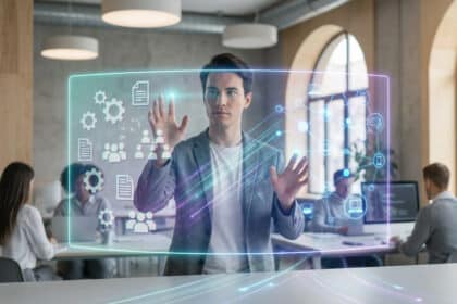 Un jeune homme manipule une interface numérique holographique avec des icônes de données dans un bureau moderne.