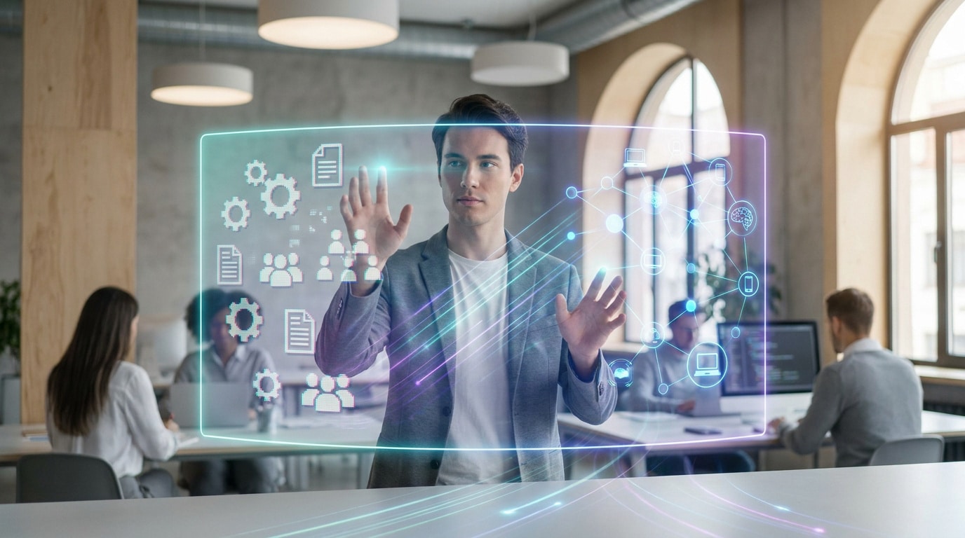 Un jeune homme manipule une interface numérique holographique avec des icônes de données dans un bureau moderne.