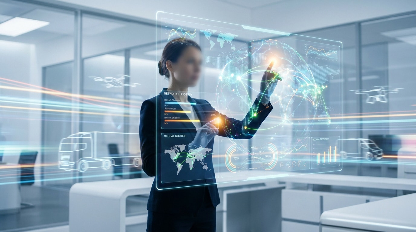 Une femme d'affaires interagit avec un tableau de bord holographique affichant des données logistiques mondiales.