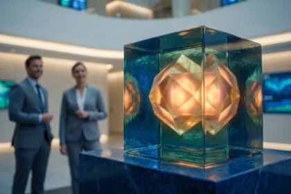 Sculpture géométrique lumineuse en verre posée sur un socle devant deux professionnels en entreprise.