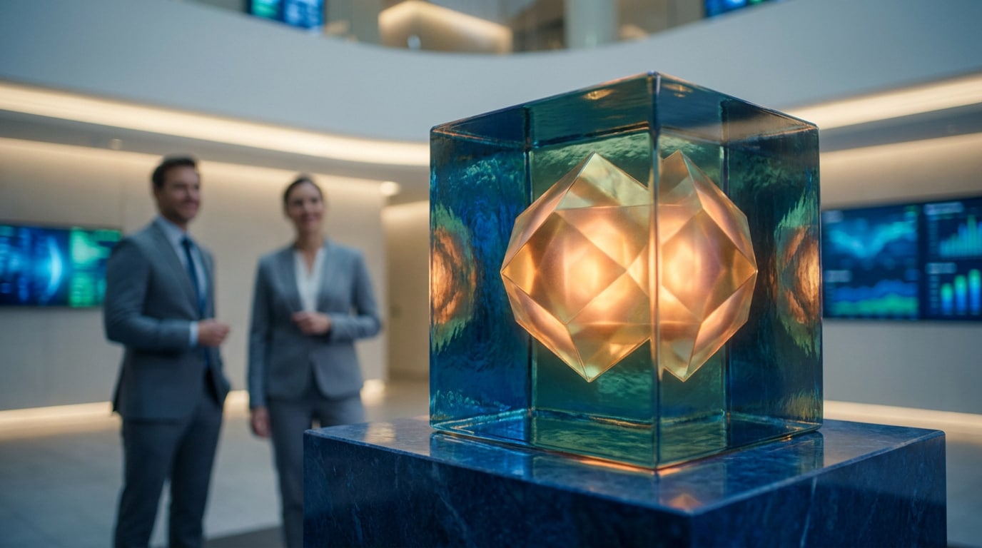 Sculpture géométrique lumineuse en verre posée sur un socle devant deux professionnels en entreprise.