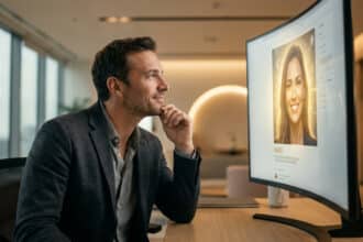 Un homme en costume regarde avec admiration le portrait lumineux d'une femme sur son écran d'ordinateur au bureau.