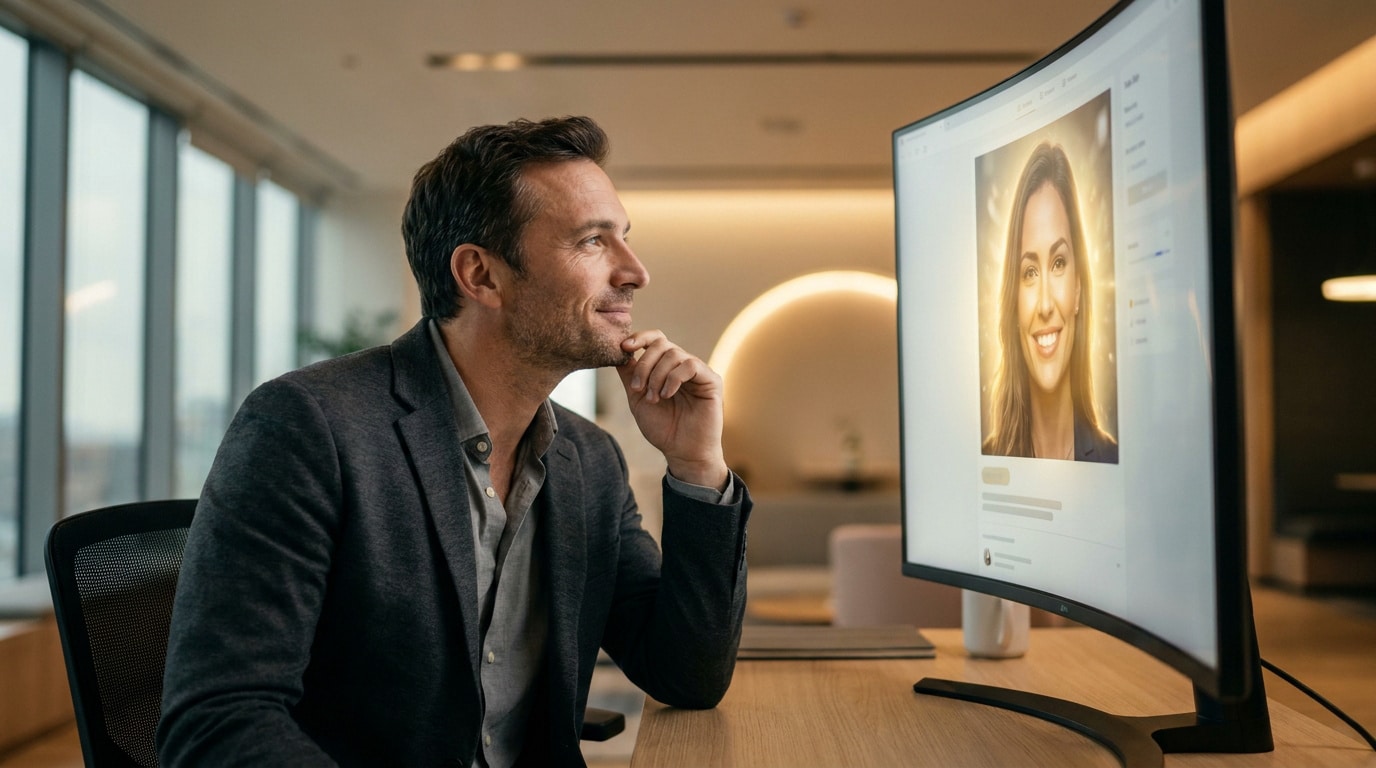 Un homme en costume regarde avec admiration le portrait lumineux d'une femme sur son écran d'ordinateur au bureau.