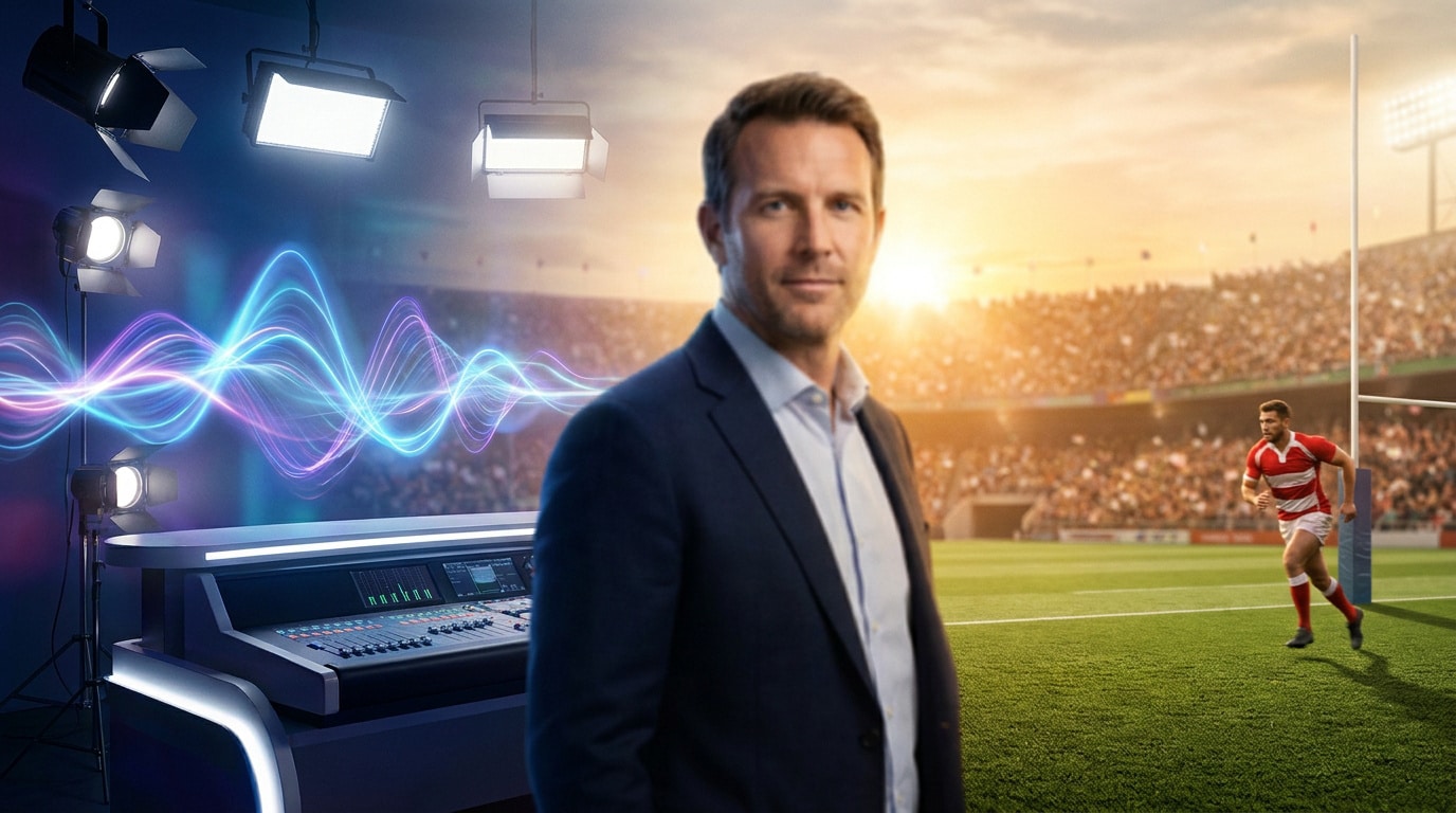 Un homme en costume devant un studio radio et un terrain de rugby, illustrant le parcours de Max Guazzini.