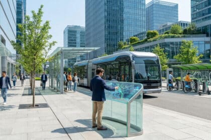 Un homme consulte une carte numérique interactive devant un bus moderne dans un quartier d'affaires urbain.