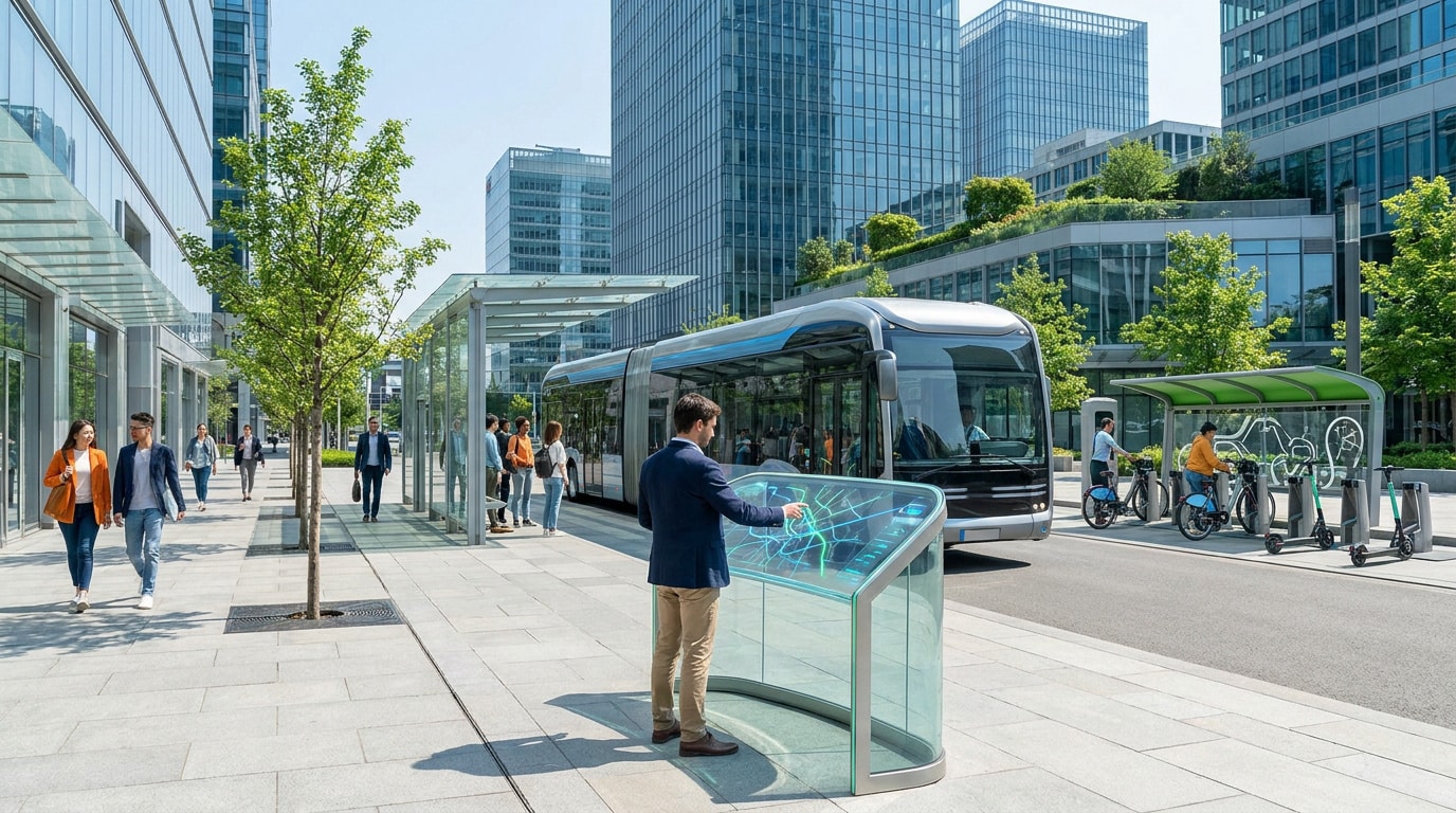 Un homme consulte une carte numérique interactive devant un bus moderne dans un quartier d'affaires urbain.