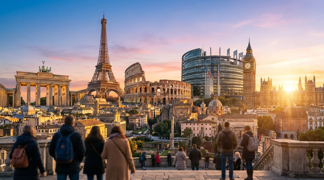 Montage photo montrant des monuments emblématiques d'Europe vus par des touristes lors d'un coucher de soleil.