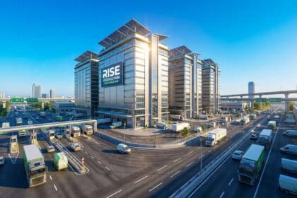 Vue aérienne du complexe logistique Rise, avec ses bâtiments modernes entourés de camions sur une autoroute.