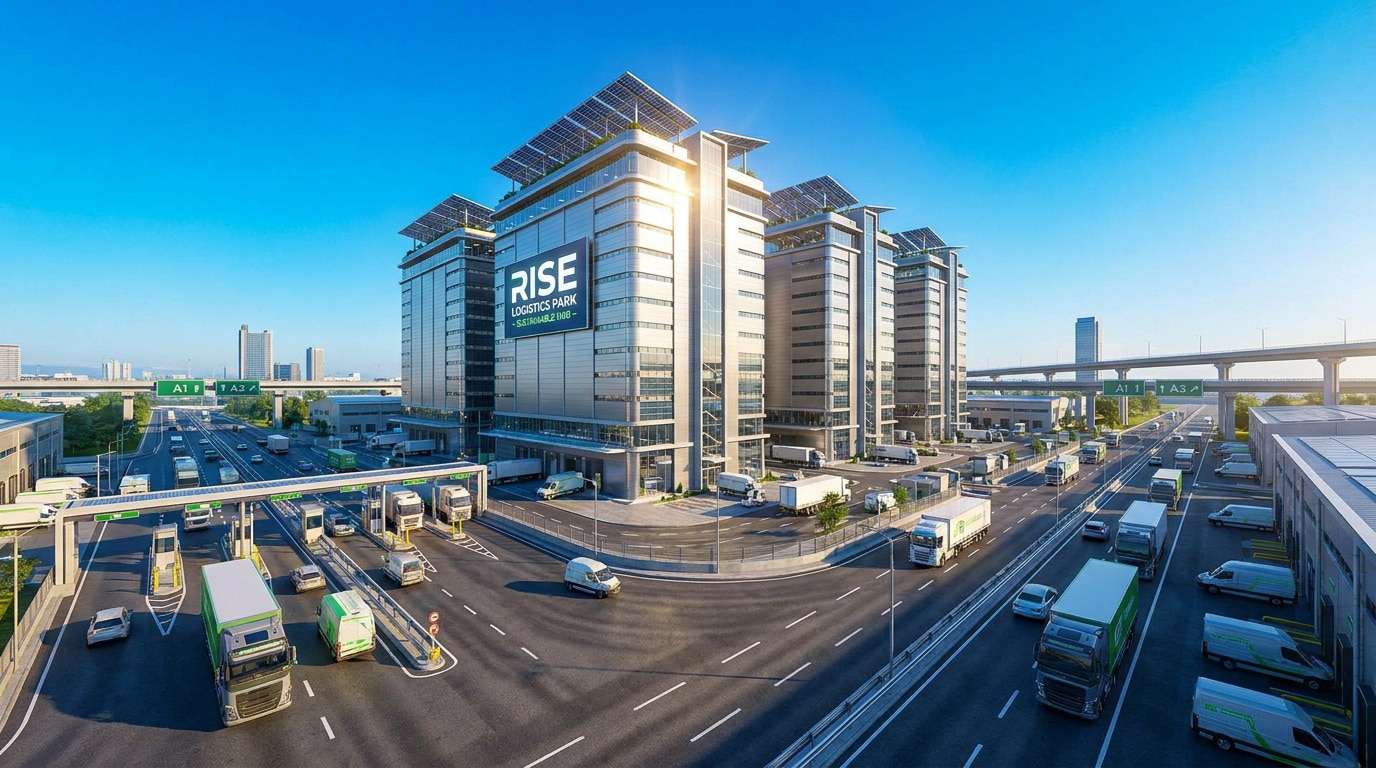 Vue aérienne du complexe logistique Rise, avec ses bâtiments modernes entourés de camions sur une autoroute.