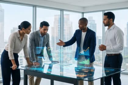 Équipe de cadres analysant des graphiques de croissance numériques holographiques sur une table interactive en bureau.