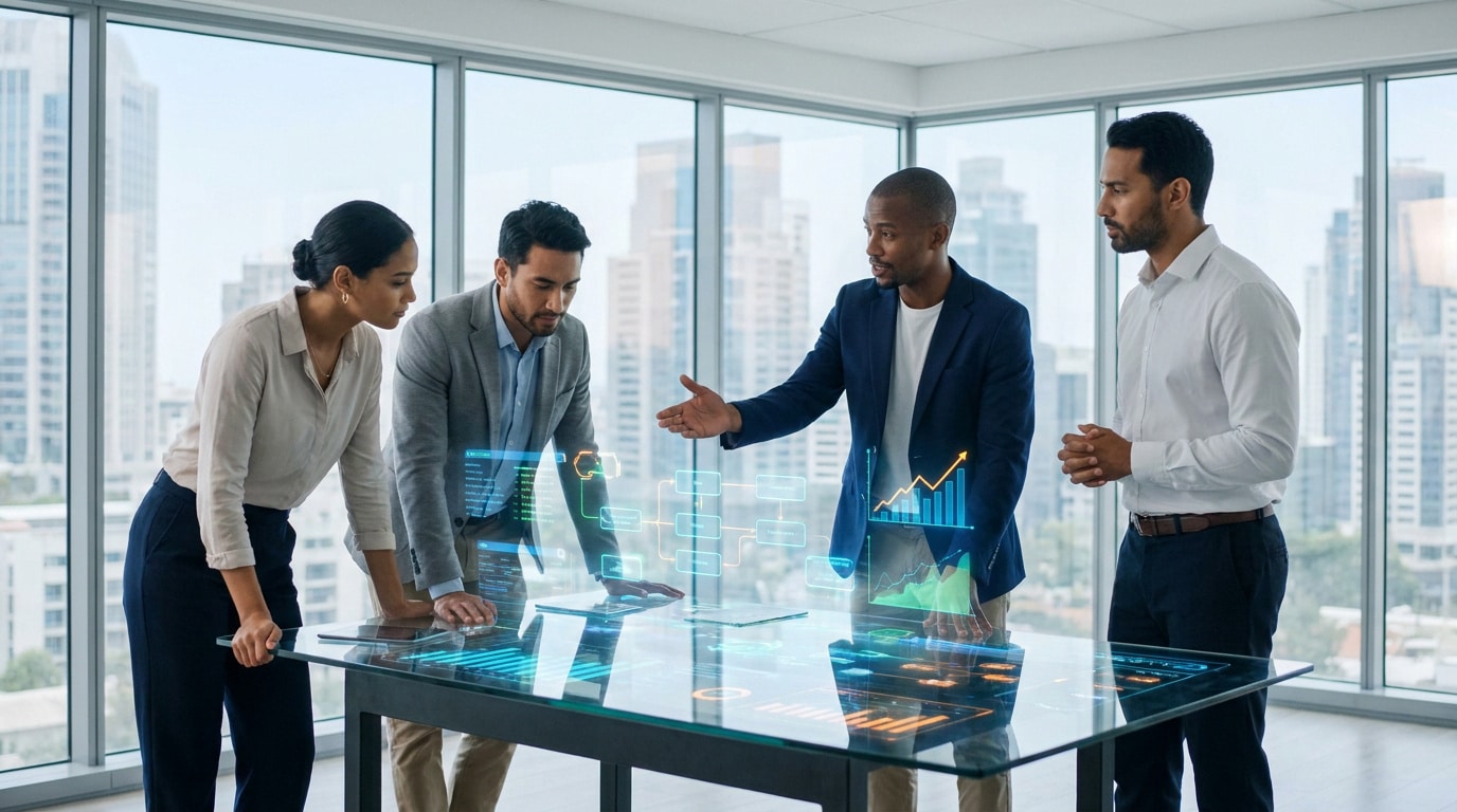Équipe de cadres analysant des graphiques de croissance numériques holographiques sur une table interactive en bureau.