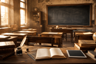 Salle de classe avec livres anciens et tableau noir pour illustrer l’histoire de l’école