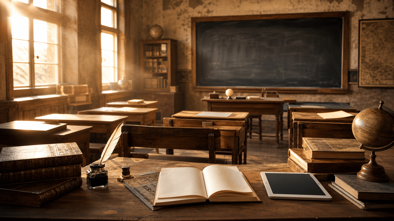 Salle de classe avec livres anciens et tableau noir pour illustrer l’histoire de l’école