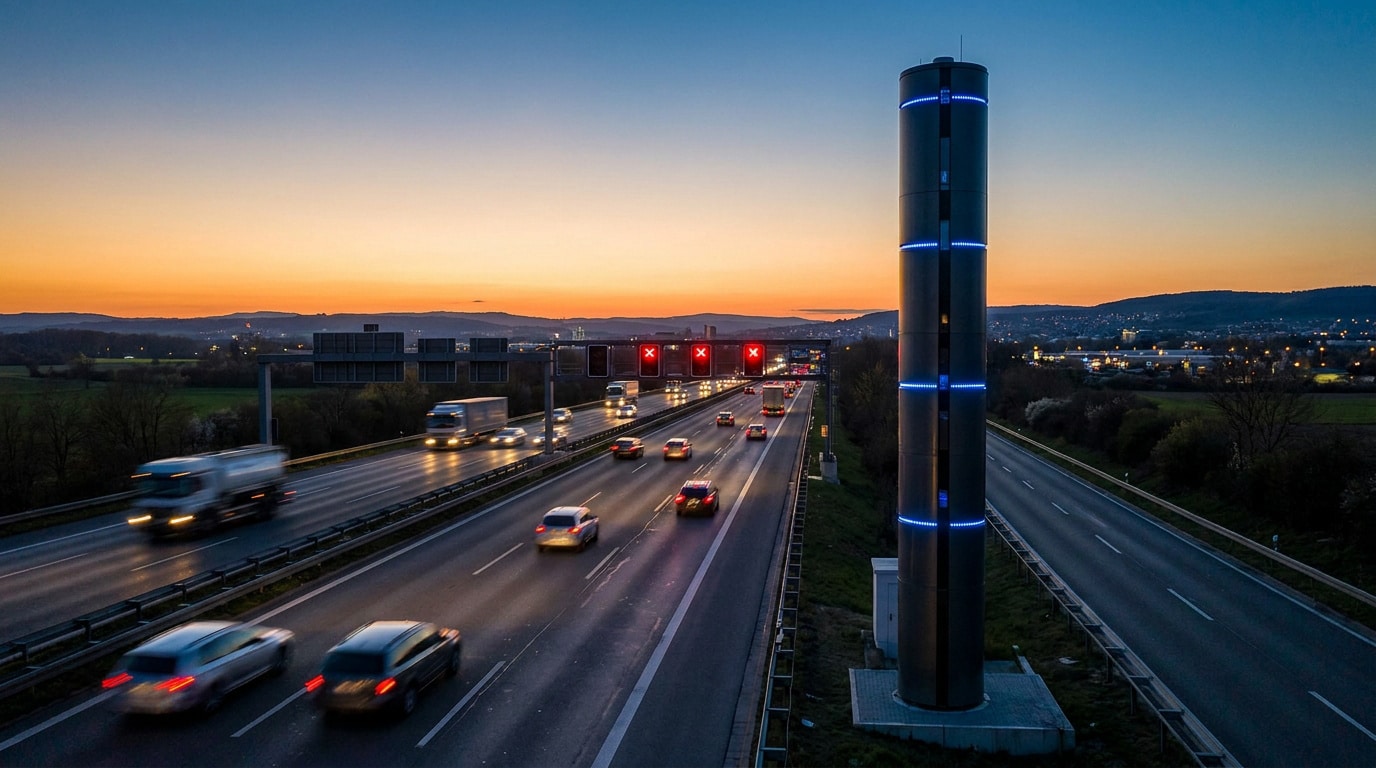 Un radar tourelle Mesta Fusion 2 au bord d'une autoroute au coucher du soleil avec une circulation dense.