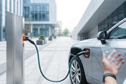 Personne utilisant une interface transparente pour surveiller la recharge d'une voiture électrique sur une borne moderne.