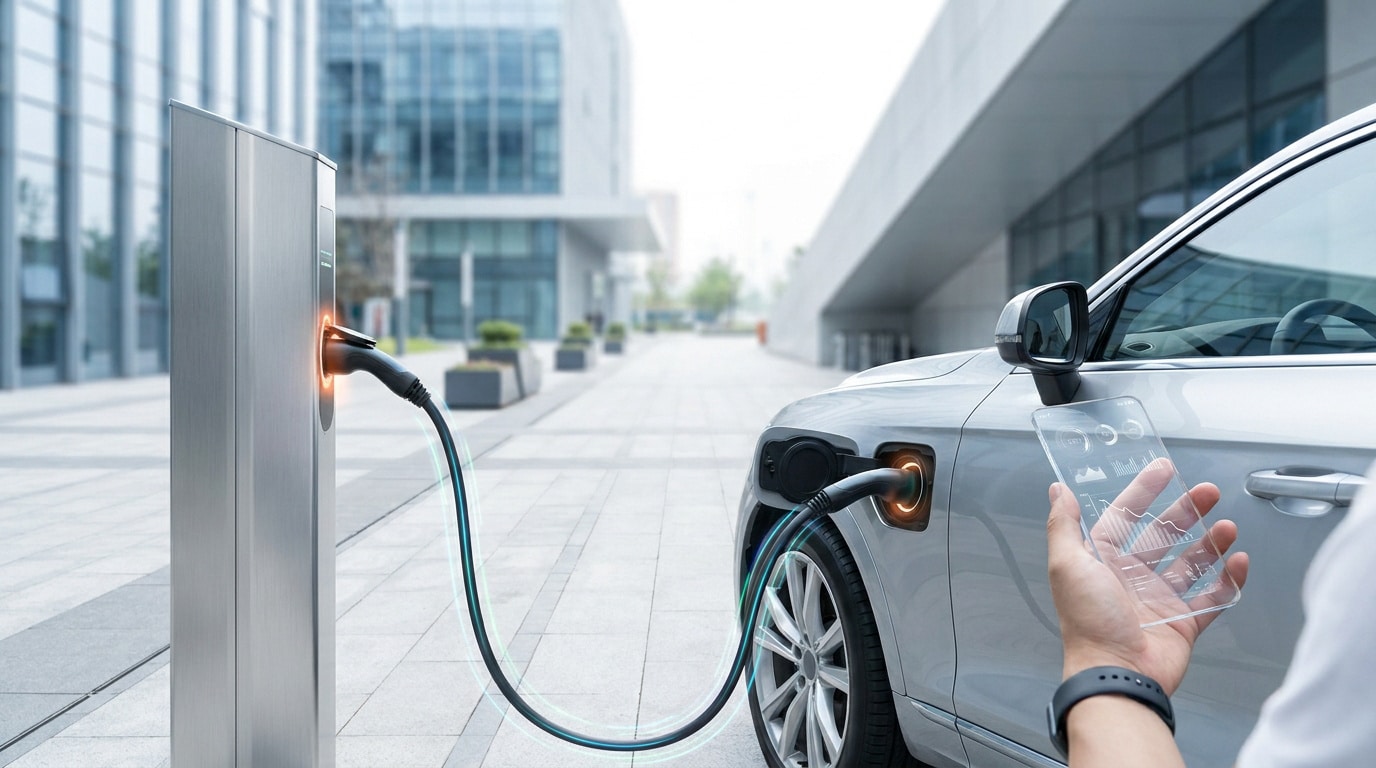 Personne utilisant une interface transparente pour surveiller la recharge d'une voiture électrique sur une borne moderne.