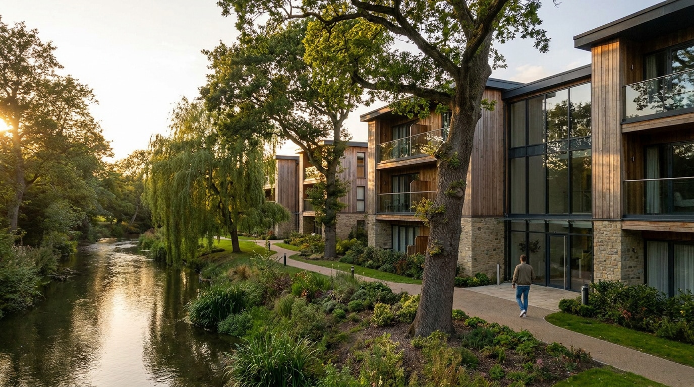 Résidence moderne avec façades en bois et pierre au bord d'une rivière, entourée d'arbres sous un soleil couchant.