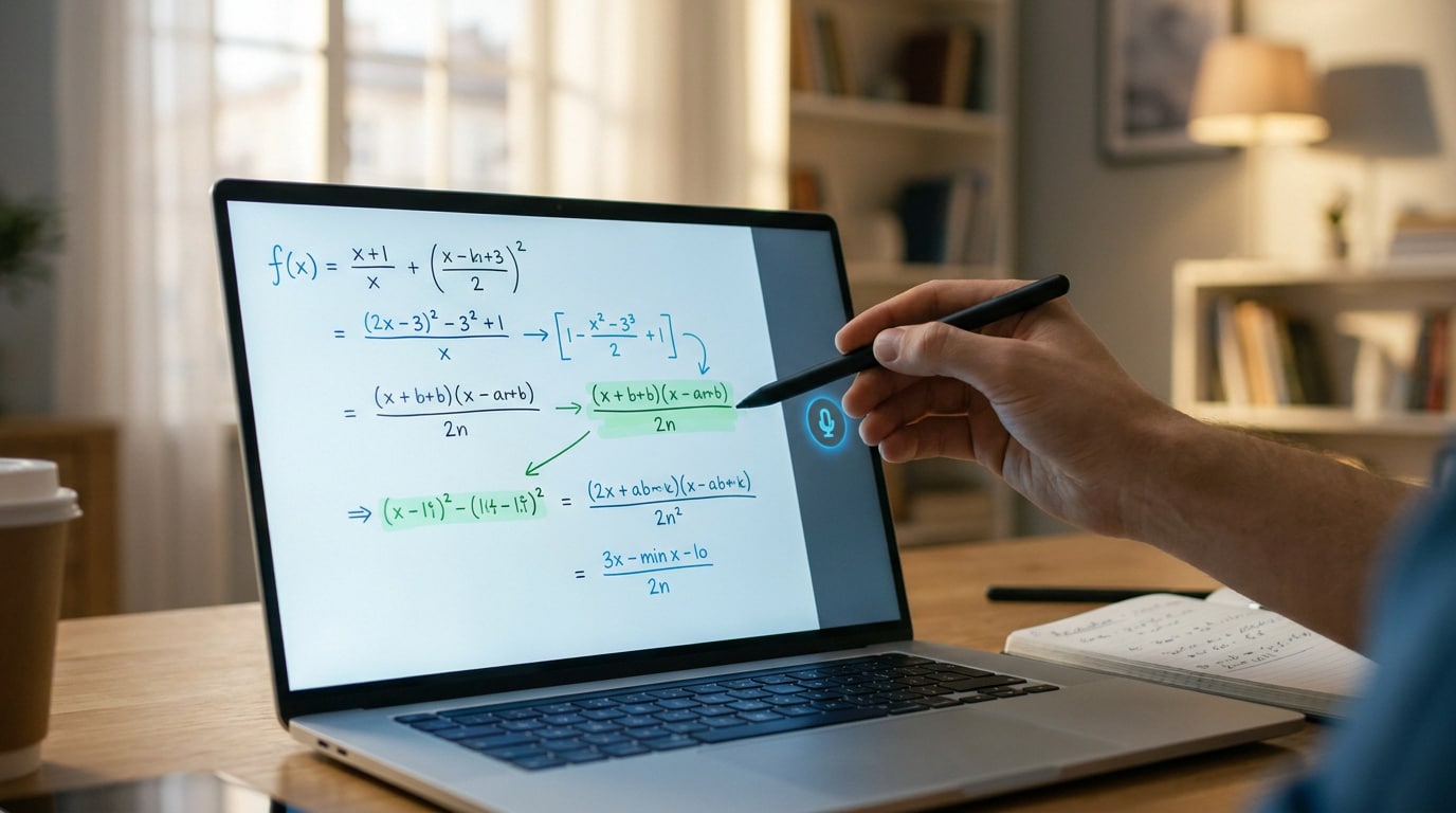 Une personne utilise un stylet sur un écran d'ordinateur affichant des équations mathématiques complexes.