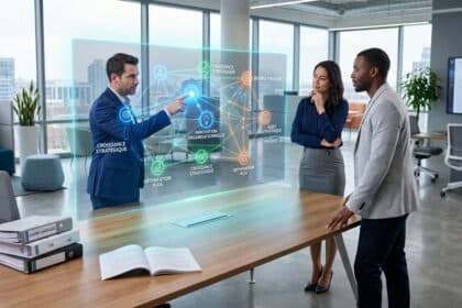 Une équipe de professionnels examine un écran holographique interactif sur la stratégie et la restructuration d'entreprise.