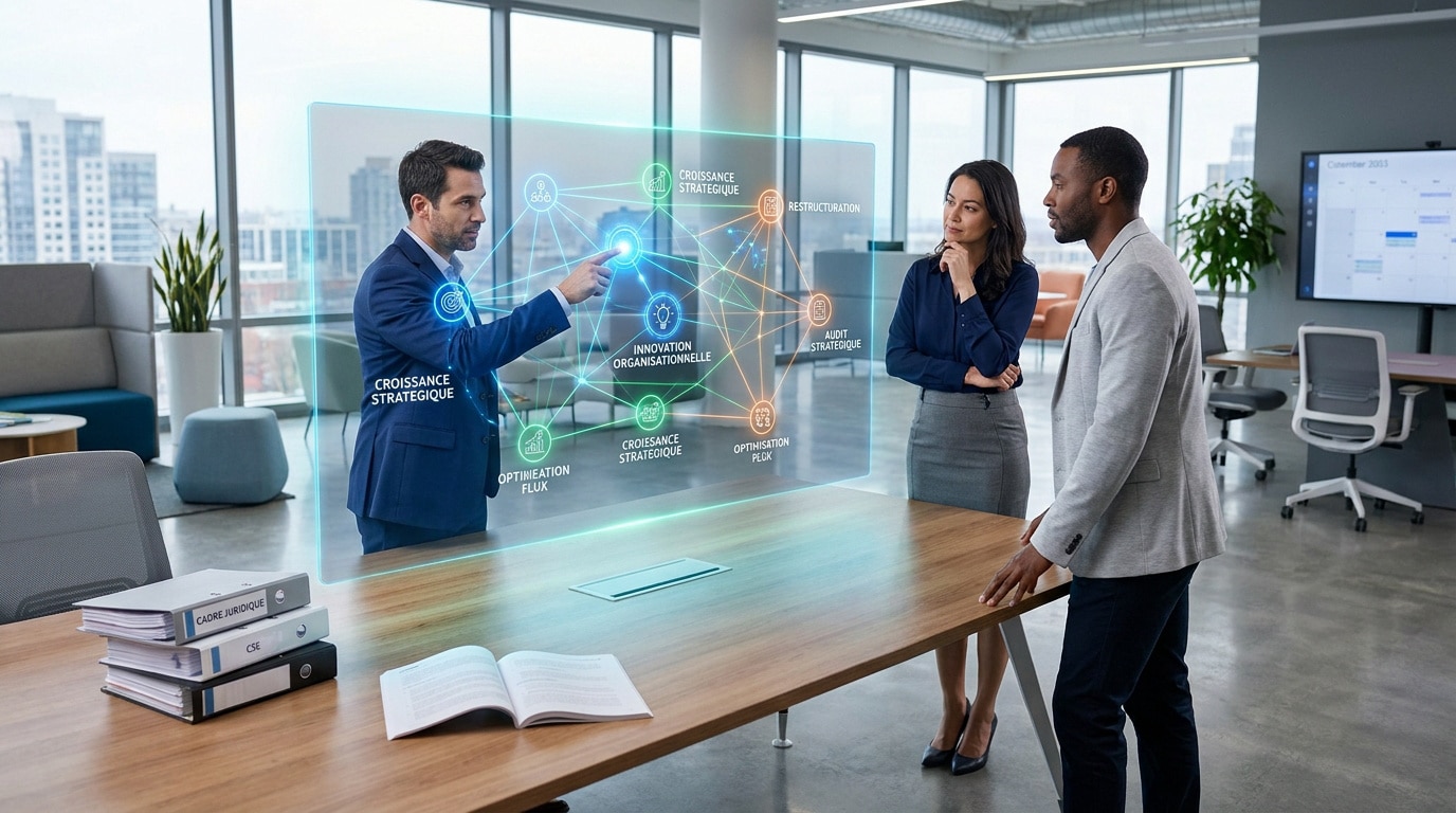 Une équipe de professionnels examine un écran holographique interactif sur la stratégie et la restructuration d'entreprise.