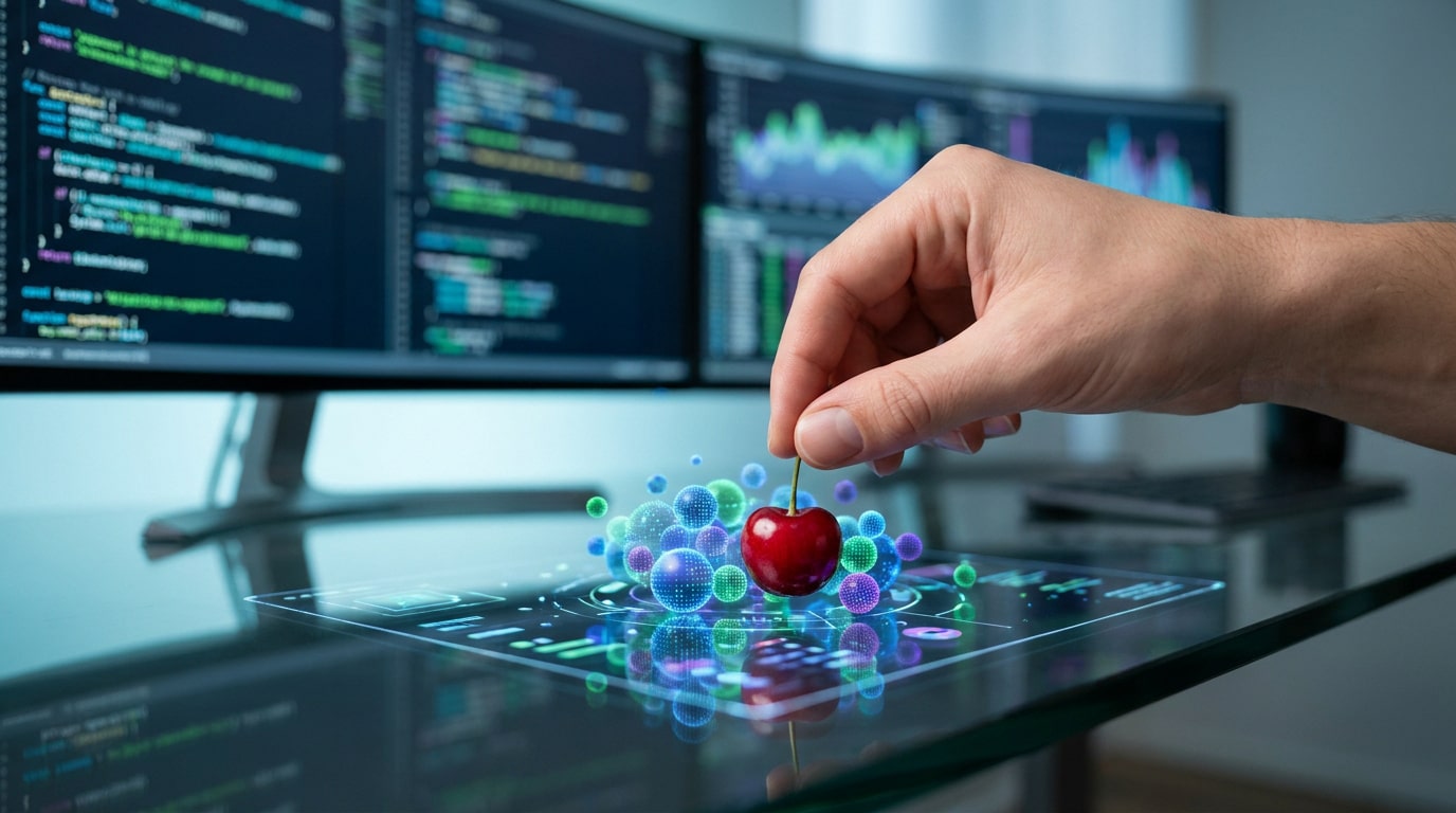 Une main saisit une cerise au-dessus d'une interface numérique holographique avec des données devant des écrans de code.