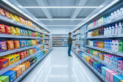 Un client choisit des produits FMCG dans les rayons illuminés d'un supermarché moderne et organisé.