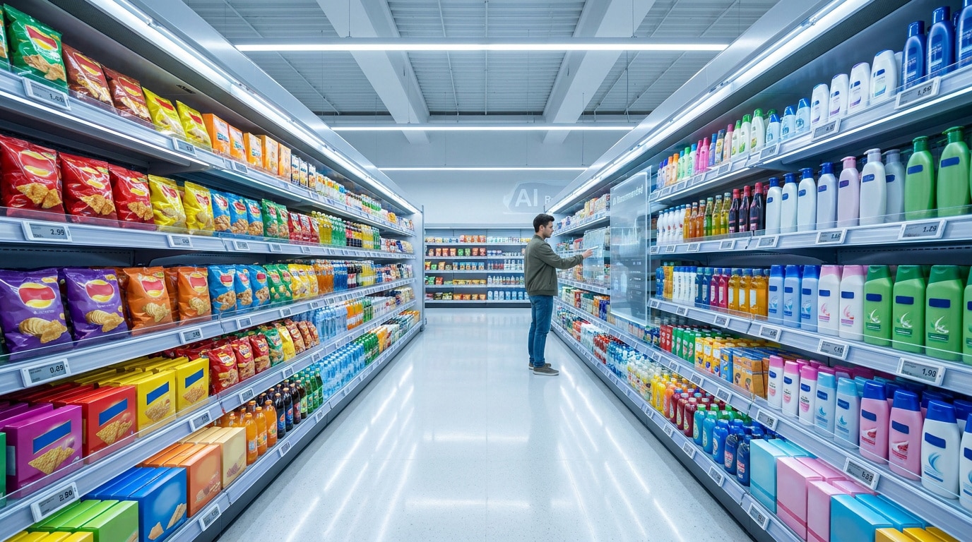 Un client choisit des produits FMCG dans les rayons illuminés d'un supermarché moderne et organisé.