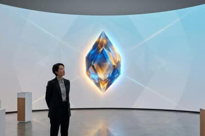 Une femme regarde un cristal numérique brillant projeté sur un écran incurvé dans un environnement moderne et épuré.