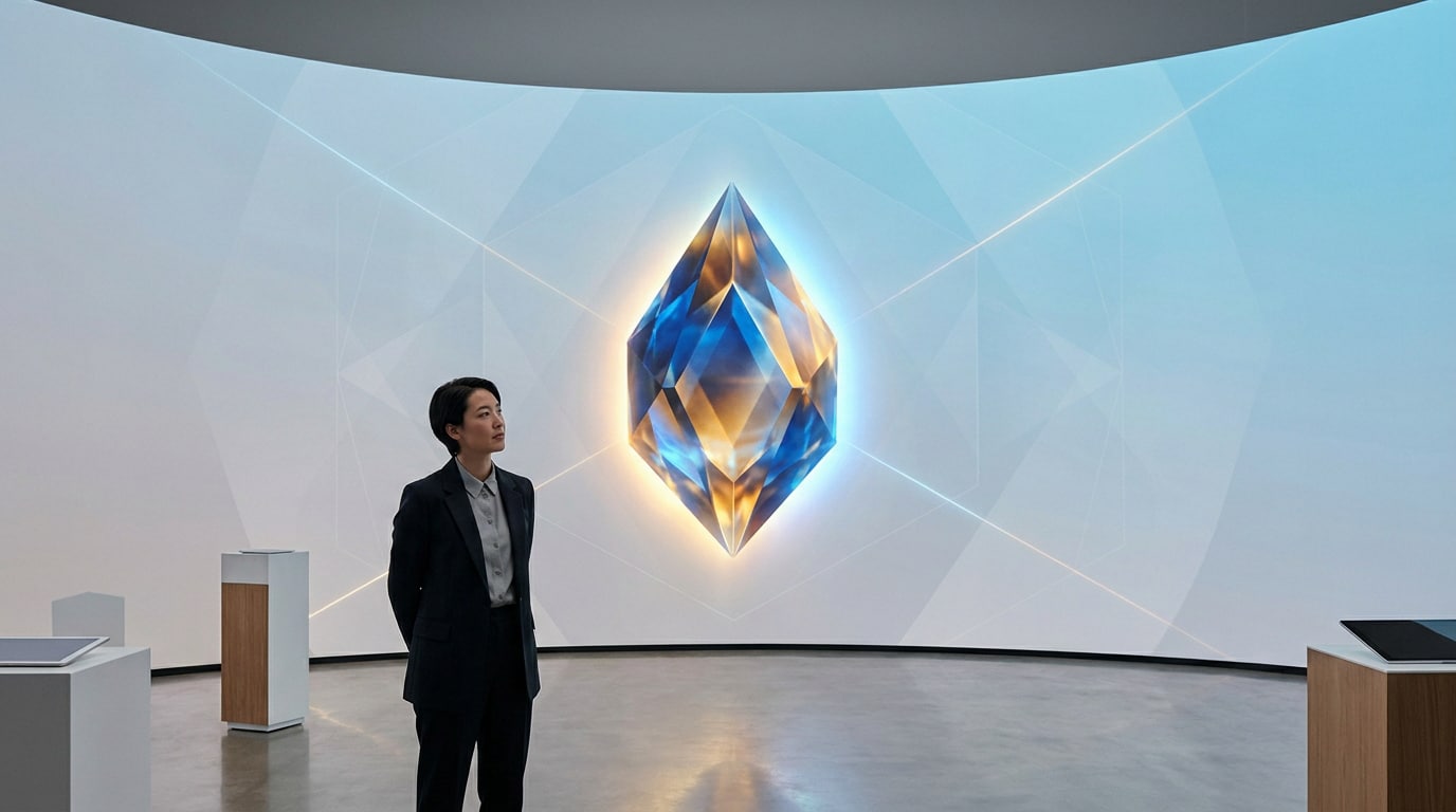Une femme regarde un cristal numérique brillant projeté sur un écran incurvé dans un environnement moderne et épuré.