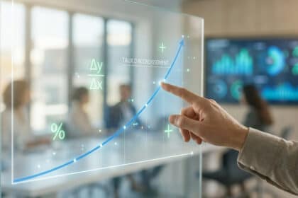 Main pointant un graphique de croissance sur un écran transparent dans une salle de réunion floue.