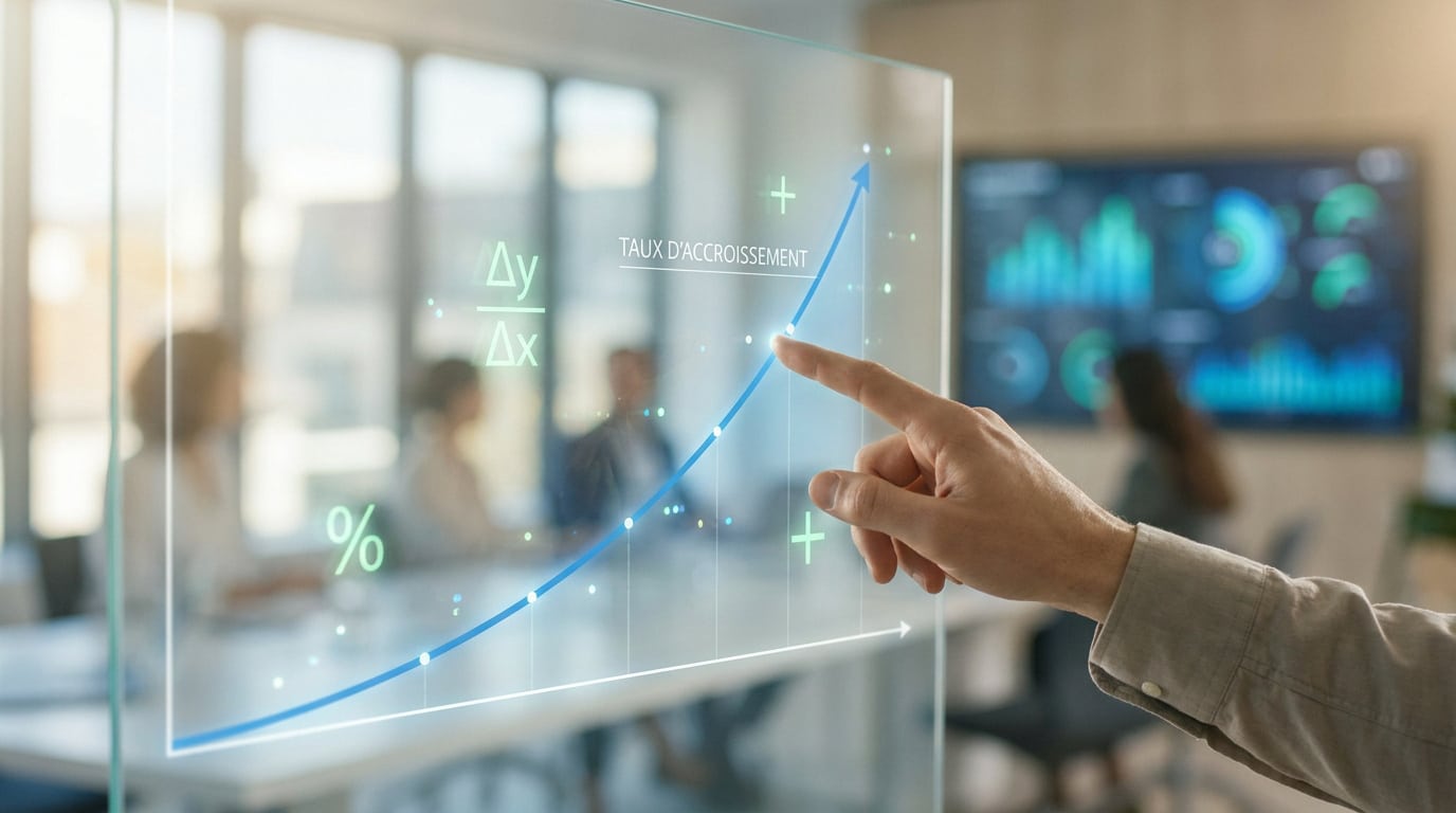 Main pointant un graphique de croissance sur un écran transparent dans une salle de réunion floue.