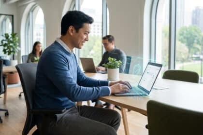 Un professionnel travaille sur son ordinateur portable dans un bureau moderne avec une interface de sécurité numérique.