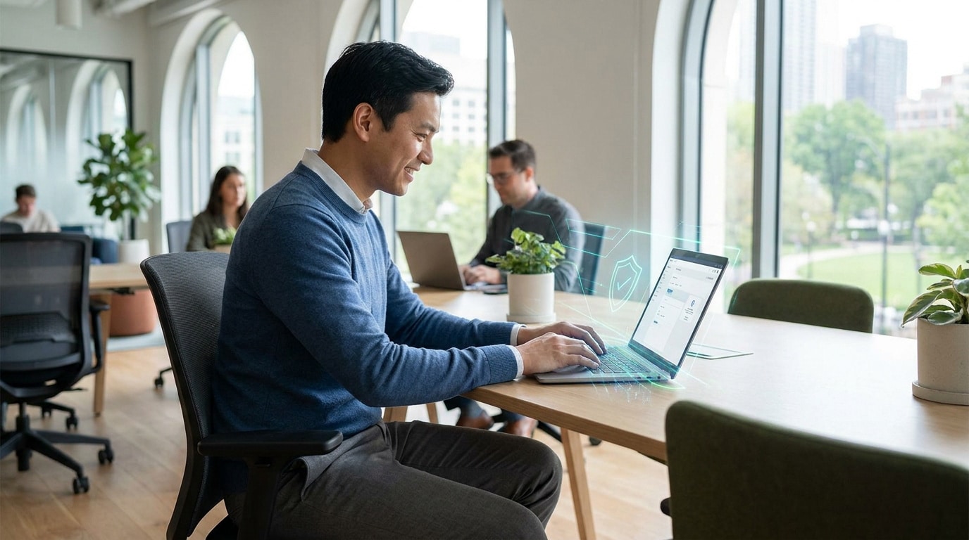 Un professionnel travaille sur son ordinateur portable dans un bureau moderne avec une interface de sécurité numérique.
