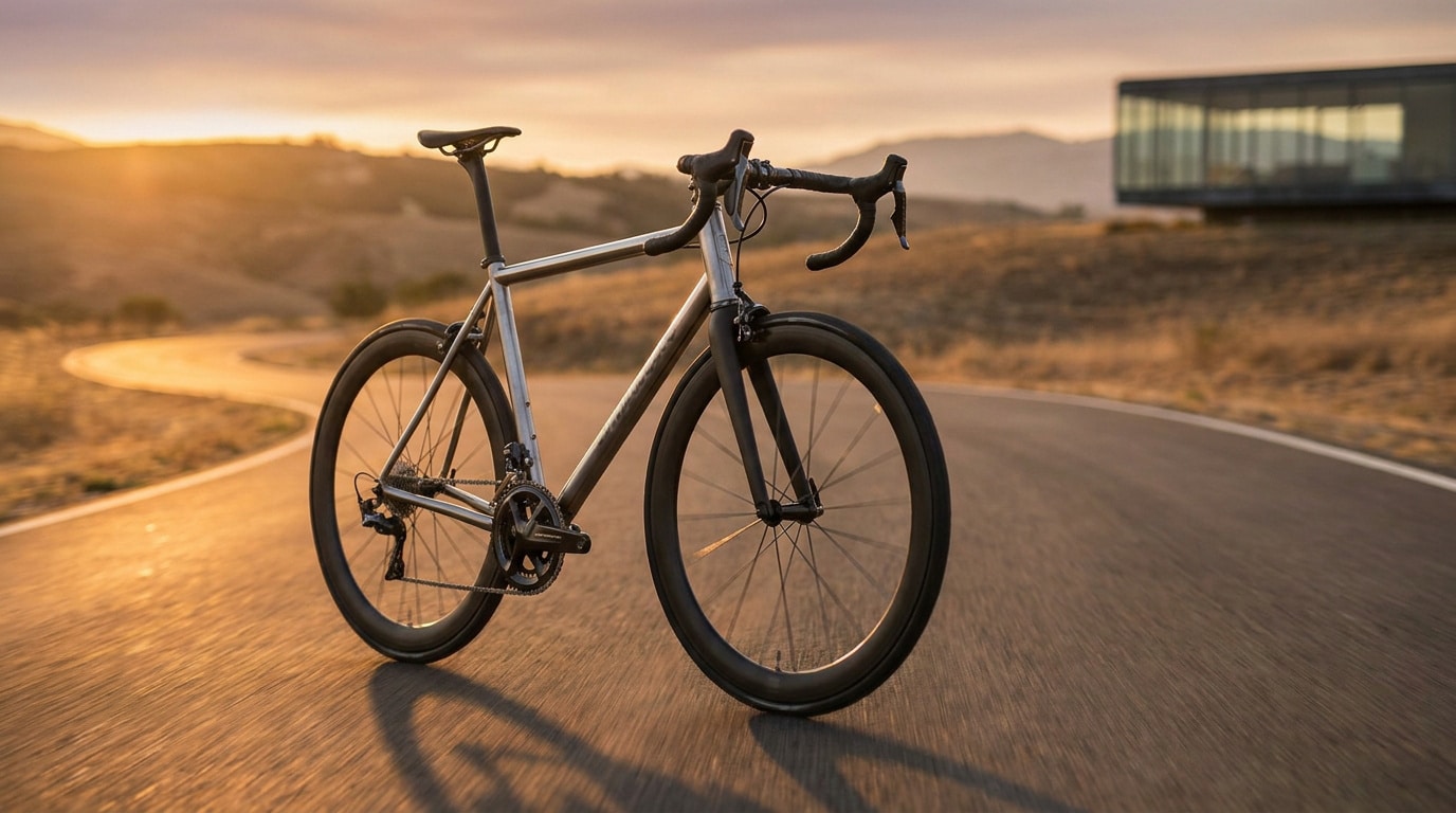 Vélo de course en titane sur une route sinueuse au soleil couchant avec une architecture moderne en arrière-plan.