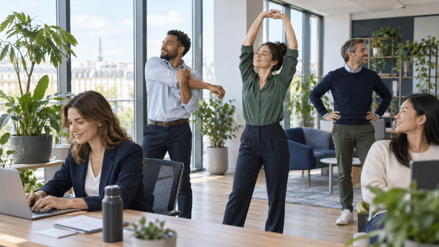 Des collègues prennent une pause active dans un bureau lumineux