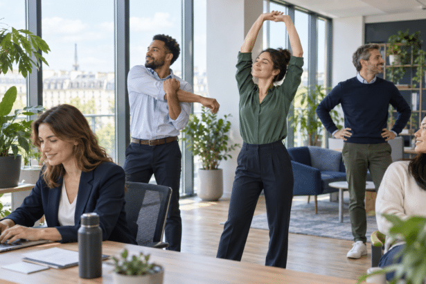 Des collègues prennent une pause active dans un bureau lumineux