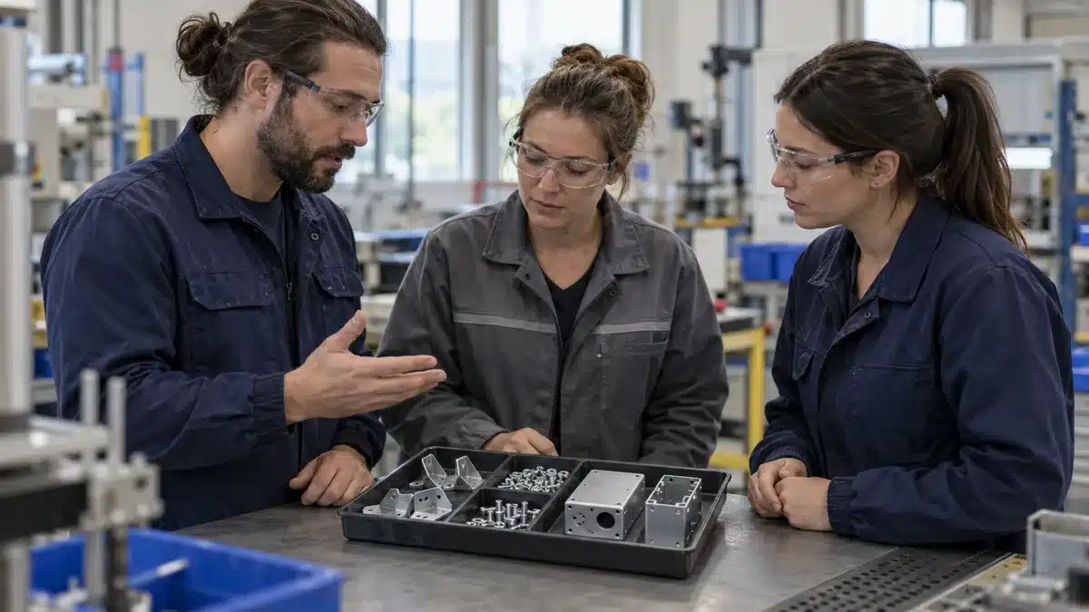 Trois personnes portant des lunettes de protection autour d’un plateau de pièces métalliques sur un établi