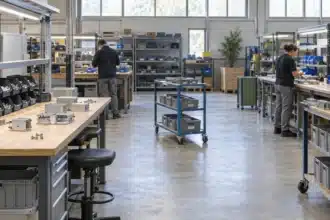 Atelier avec établis, bacs de pièces métalliques et chariot dans une allée centrale