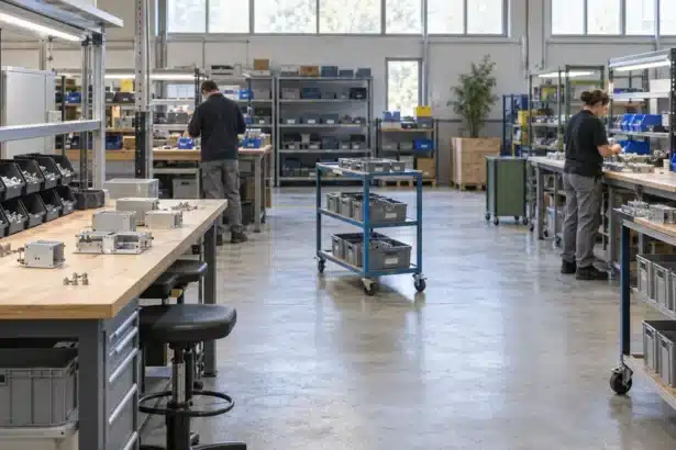 Atelier avec établis, bacs de pièces métalliques et chariot dans une allée centrale